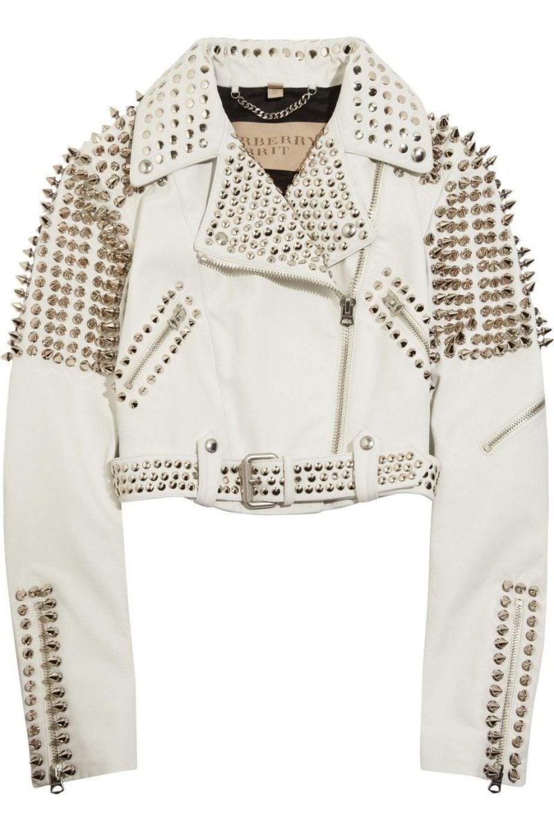 New Woman Full White Punk Brando Spiked Studded Leather Jacket2234