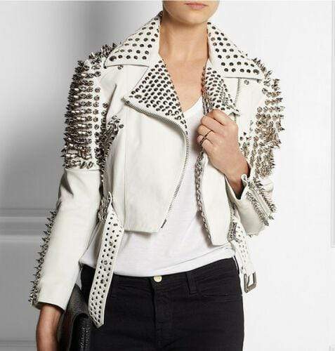 Woman Full White Punk Brando Spiked Studded Leather Jacket - Shearling leather