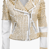 Woman White Punk Golden Studded Biker Cowhide Leather - Shearling leather