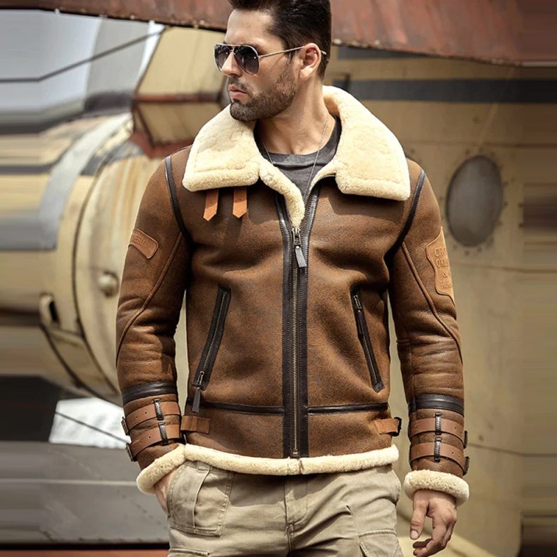 NewMensB3SheepskinShearlingJacketLapelLeatherJacketBadgeAirforceFlightCoatWinterMensFurCoat