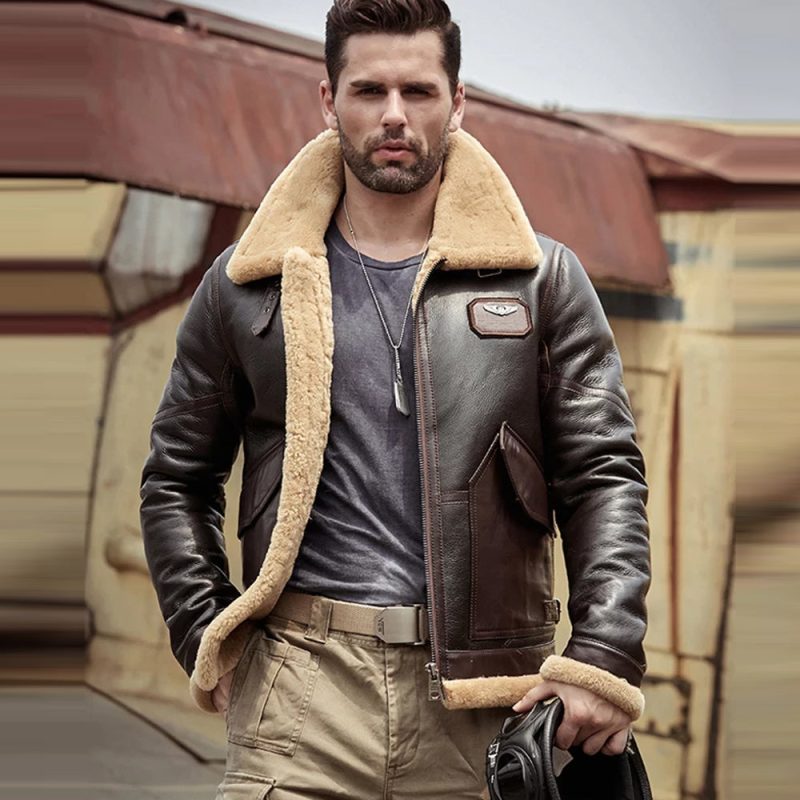 NewMensBrownB3ShearlingJacketSheepskinCoatLeatherJacketFurCoatAirforceFlightJacket