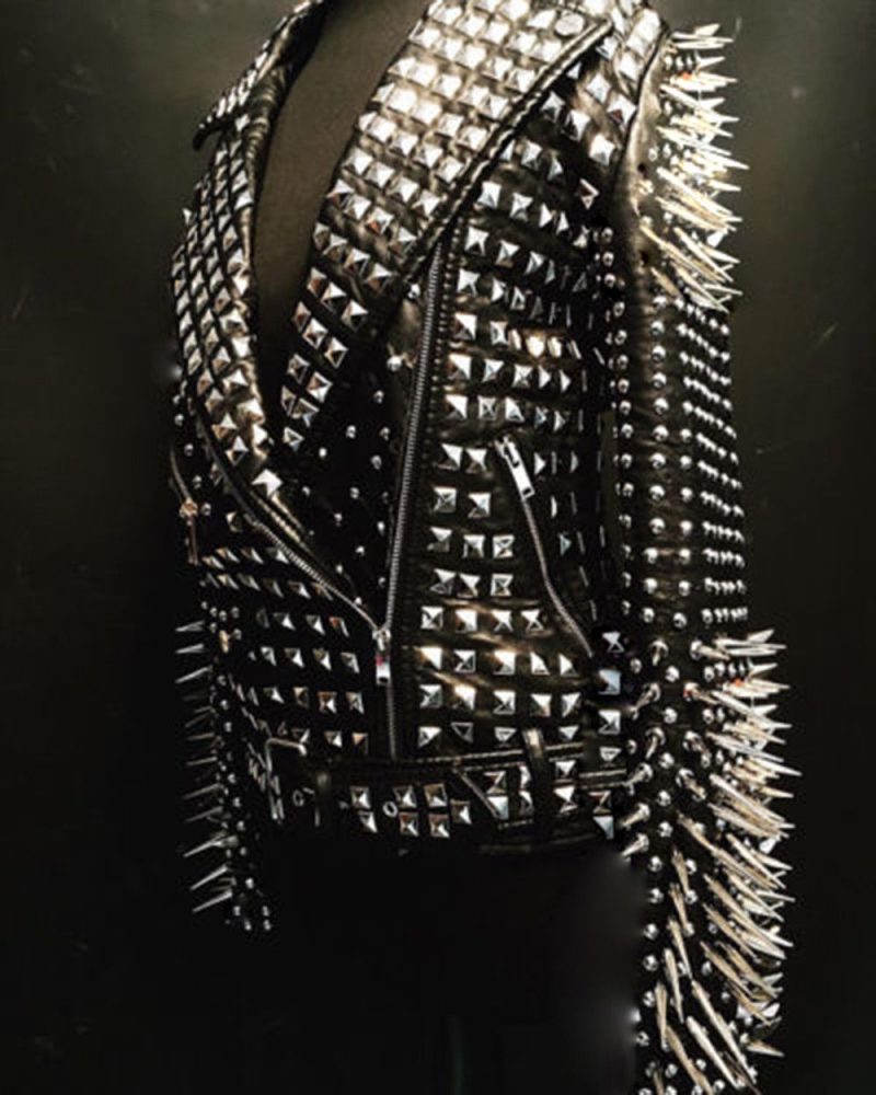 NewWomanFullBlackRockPunkSilverLongSpikedStuddedLeatherBrandoJacket