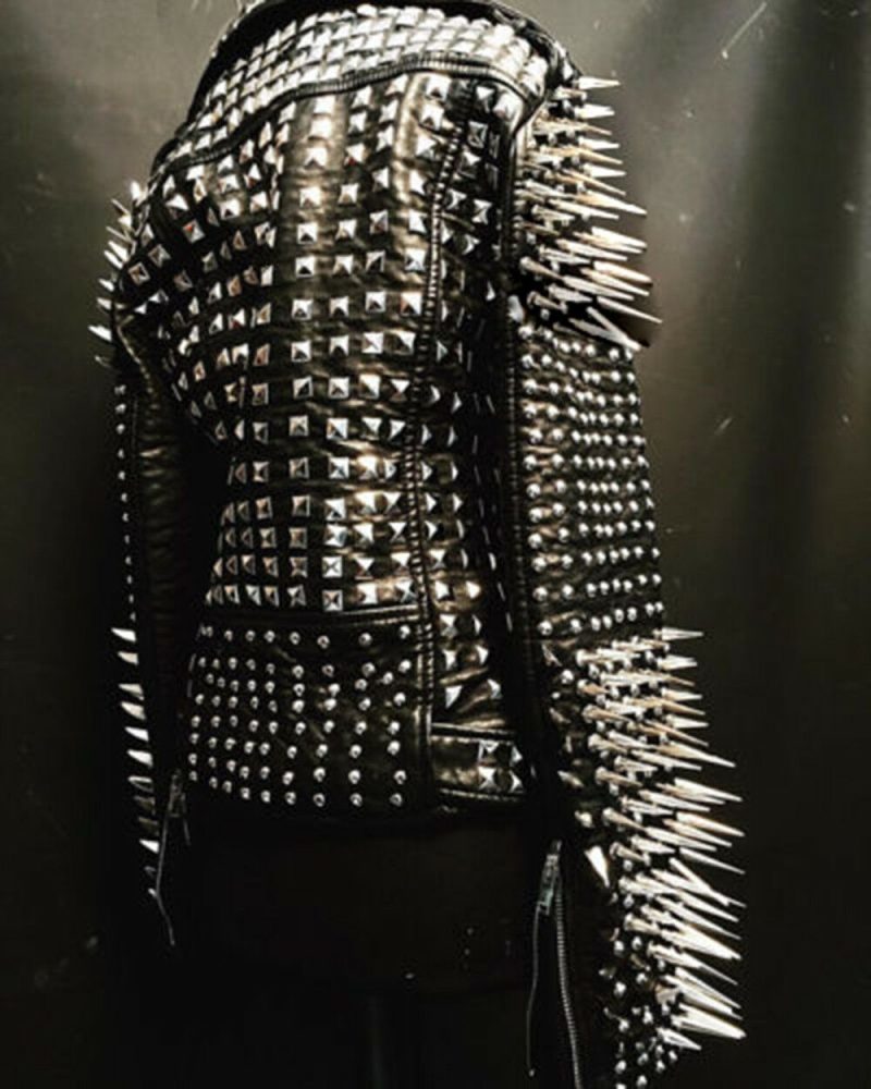 NewWomanFullBlackRockPunkSilverLongSpikedStuddedLeatherBrandoJacket2