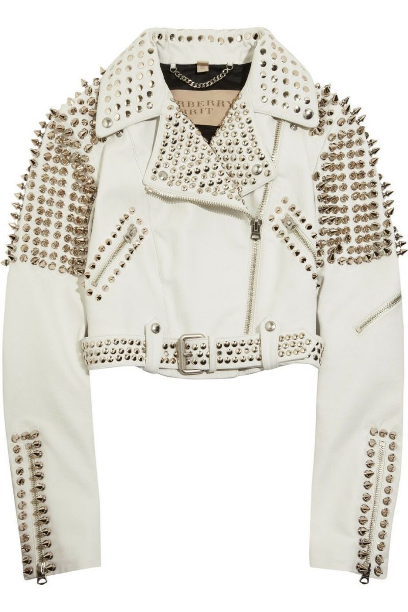 NewWomanFullWhitePunkBrandoSpikedStuddedLeatherJacketXSTO6XL