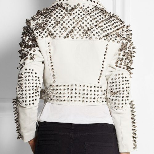 NewWomanFullWhitePunkBrandoSpikedStuddedLeatherJacketXSTO6XL1