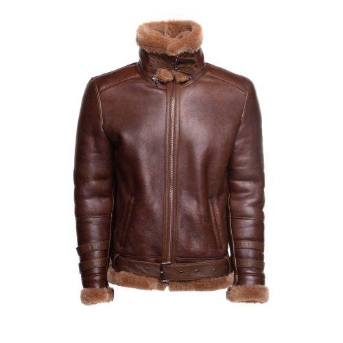 Phan s Distressed Brown Aviator bomber shearling jacket with a waist belt 2