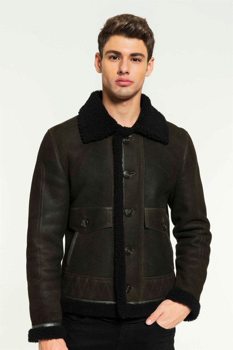 RAUL Men Aviator Dark Green Black Shearling Jacket