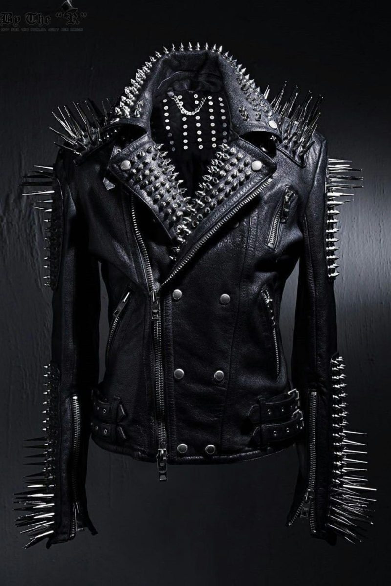 StuddedLeatherJacketWomenHandmadeFullBlackPunkSilverLongSpikedStuddedLeatherButtonsUpStudsandSpikesMadetoOrdersSteampunk