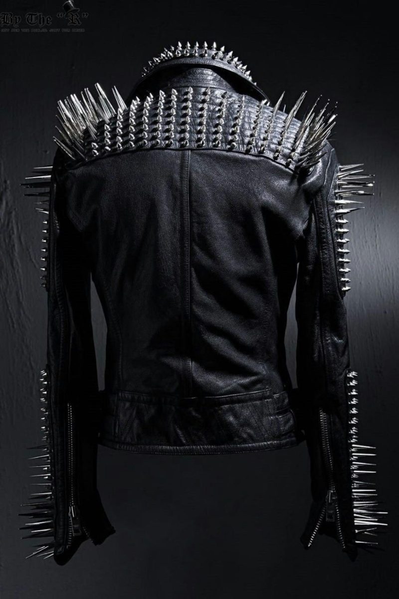 StuddedLeatherJacketWomenHandmadeFullBlackPunkSilverLongSpikedStuddedLeatherButtonsUpStudsandSpikesMadetoOrdersSteampunk2