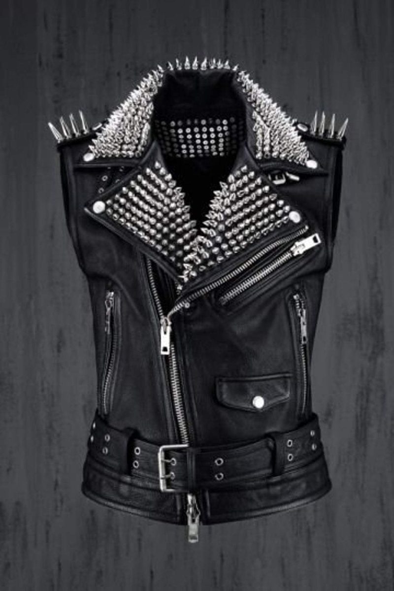 VESTJACKETHANDMADEMenBlackPunkSilverLongSpikedStuddedLeatherButtonsUpVestSilverStudsandSpikesBlackLeatherStudsSpike