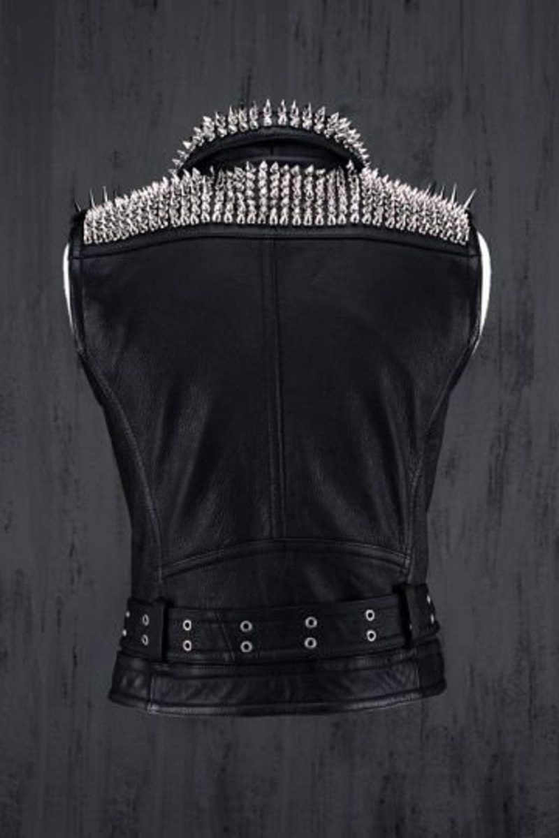 VESTJACKETHANDMADEMenBlackPunkSilverLongSpikedStuddedLeatherButtonsUpVestSilverStudsandSpikesBlackLeatherStudsSpike2