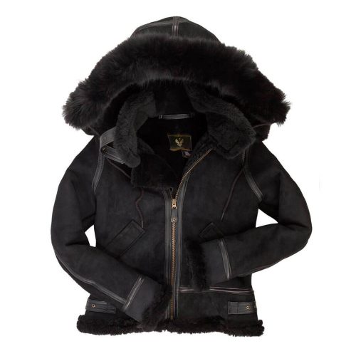 Women Hooded B 3 Black Bomber Jacket