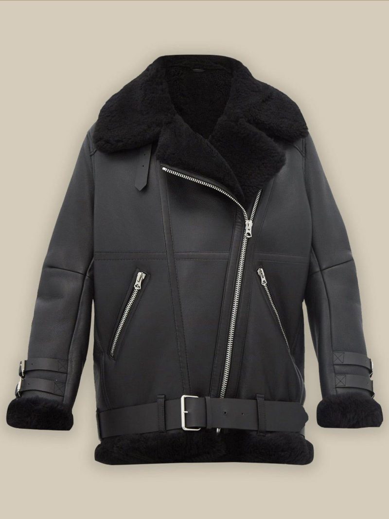 Women Pitch Black B3 Shearling Leather Jacket