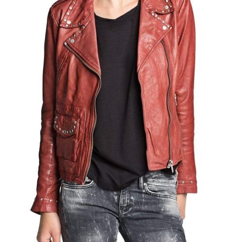 Women Red Genuine Real Leather Jacket Silver Studded Brando Style - Shearling leather