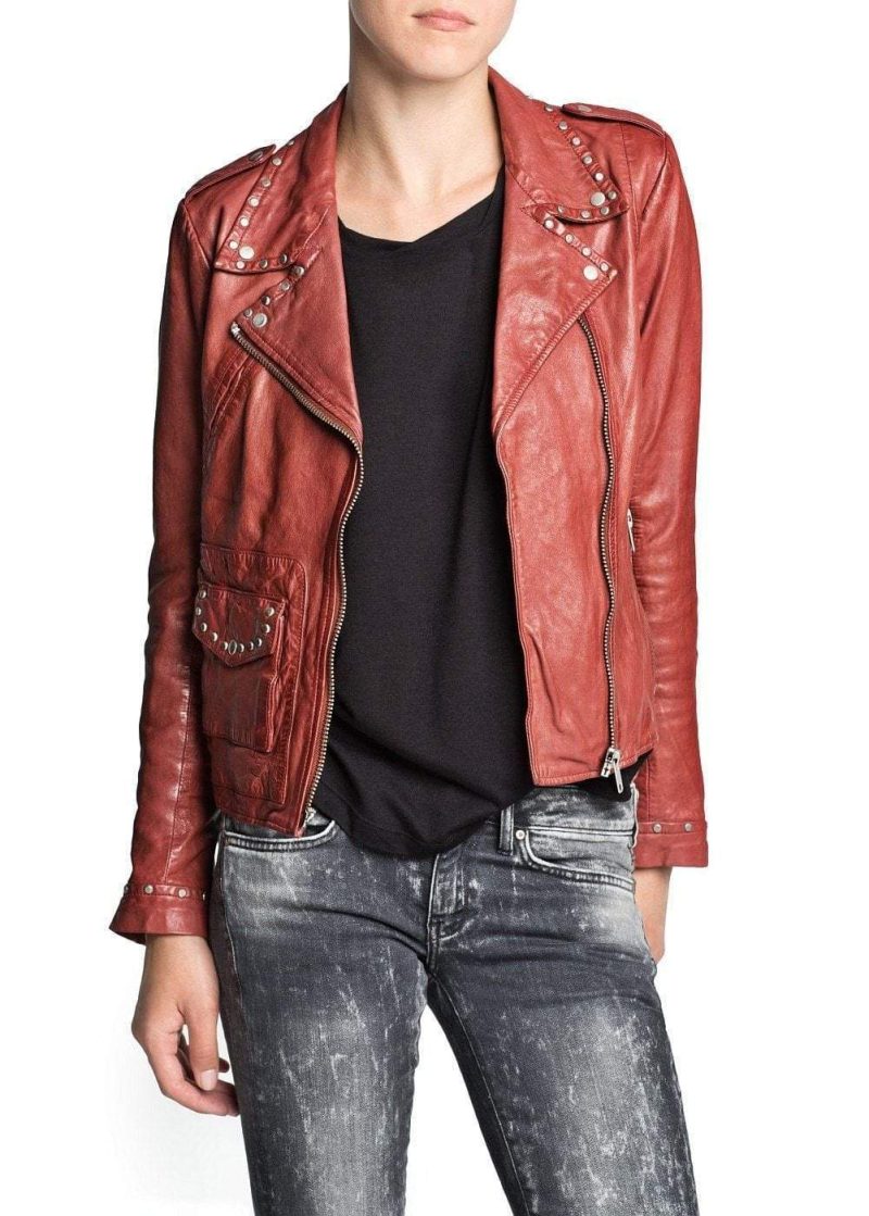 Women Red Genuine Real Leather Jacket Silver Studded Front Zipper Brando Style1