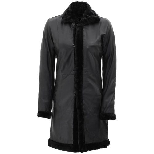 Women long shearling leather black coat