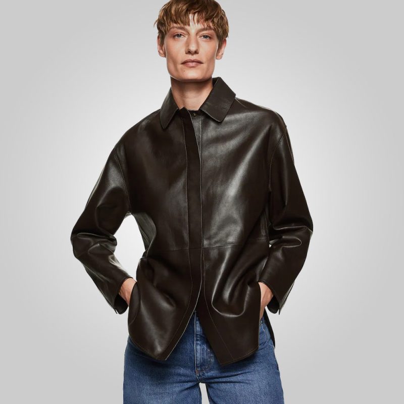 WomenBrownOversizedLeatherShirtStyledJacket