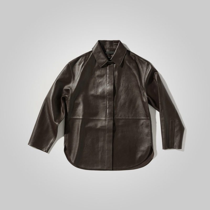 WomenBrownOversizedLeatherShirtStyledJacket4