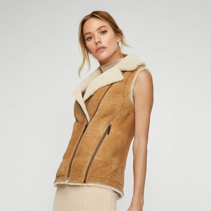 WomenBrownSheepskinShearlingLeatherVest3