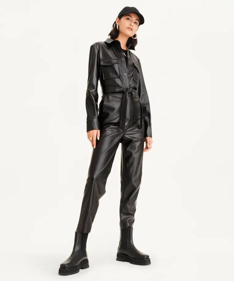 Women sBlackSheepskinLeatherDressJumpsuit