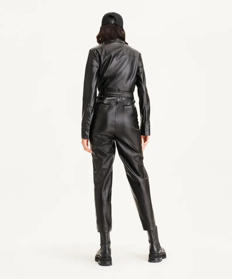 Women sBlackSheepskinLeatherDressJumpsuit2