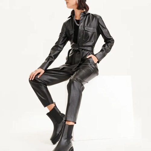 Women sBlackSheepskinLeatherDressJumpsuit3