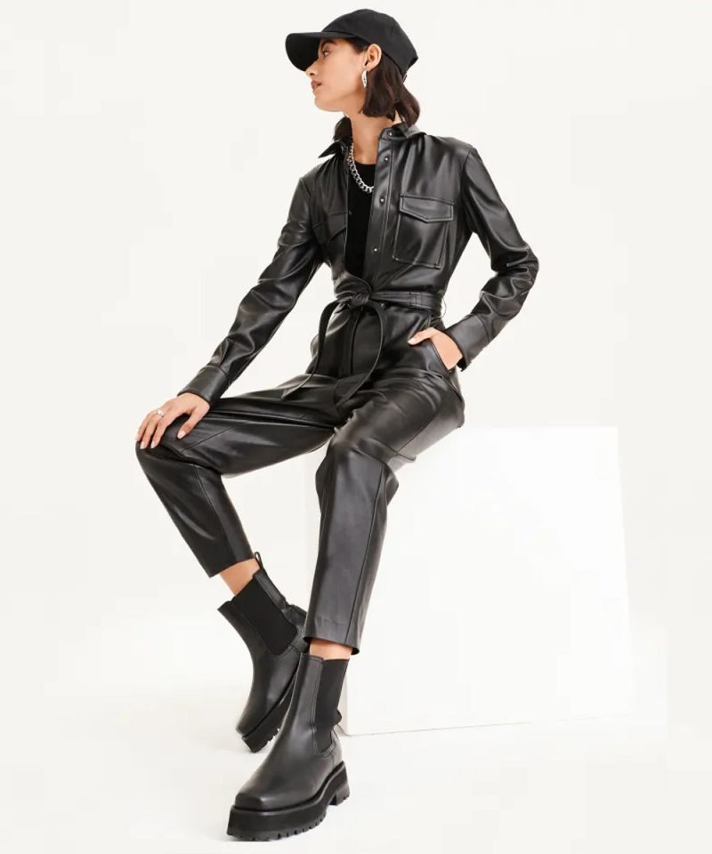 Women sBlackSheepskinLeatherDressJumpsuit3