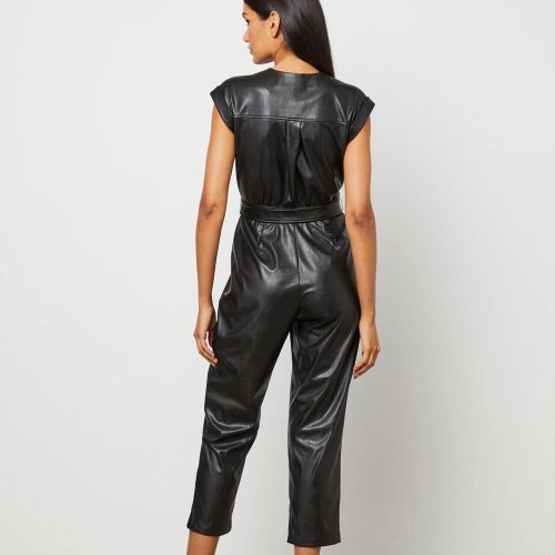 Women sBlackUtilityDownLeatherJumpsuit