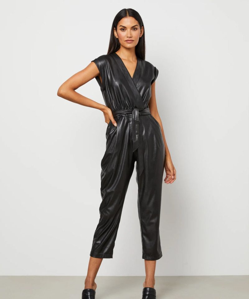 Women sBlackUtilityDownLeatherJumpsuit2