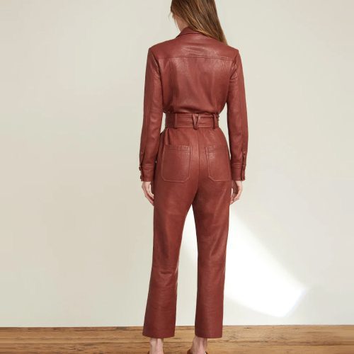 Women sBrownOnePieceBeltedLeatherJumpsuit