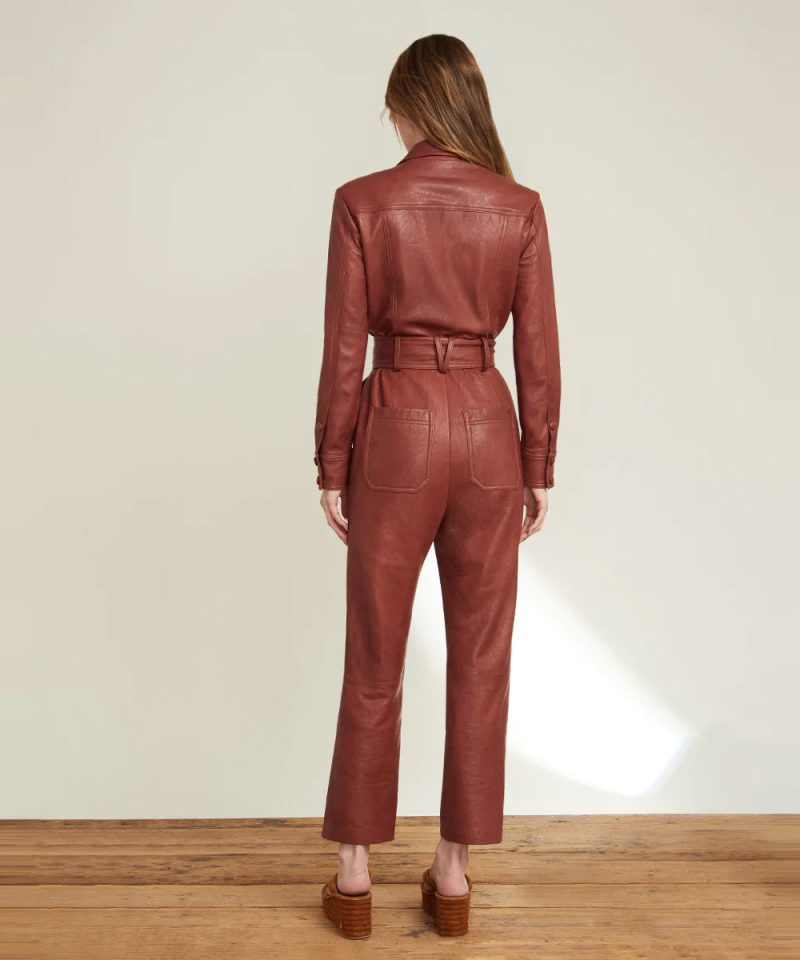 Women sBrownOnePieceBeltedLeatherJumpsuit