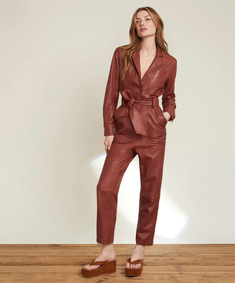 Women sBrownOnePieceBeltedLeatherJumpsuit2