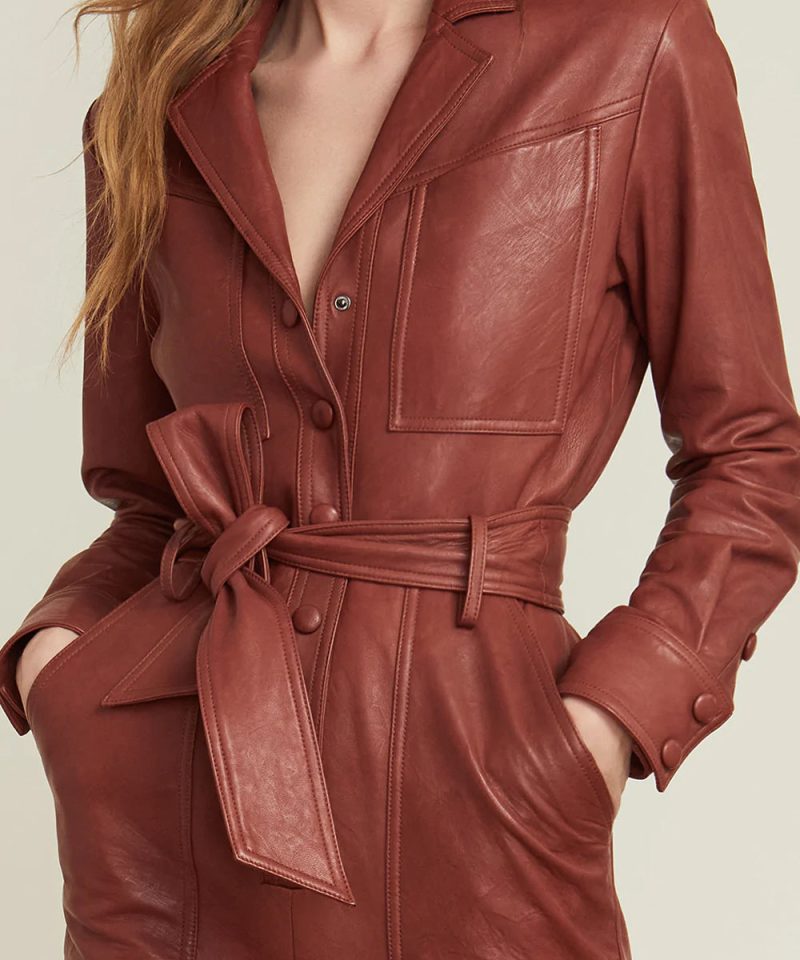 Women sBrownOnePieceBeltedLeatherJumpsuit3