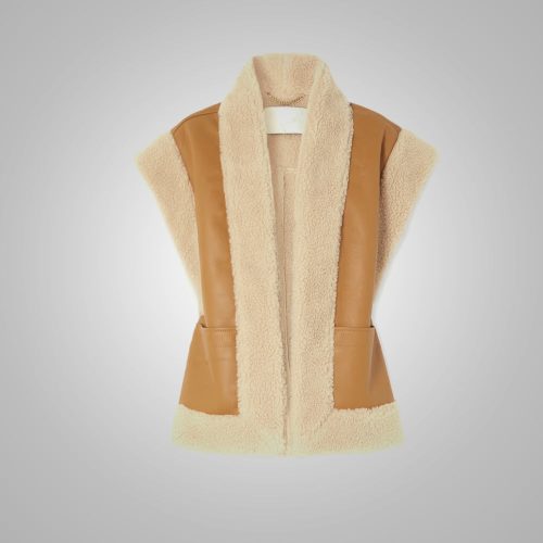 Women sBrownThickFurShearlingSheepskinLeatherVest