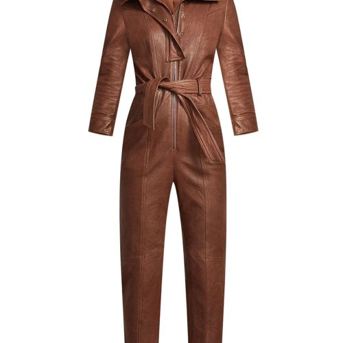 Women sBrownUtilityBeltedLeatherjumpsuit