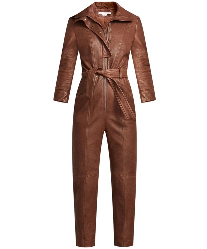 Women sBrownUtilityBeltedLeatherjumpsuit