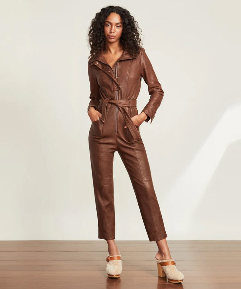 Women sBrownUtilityBeltedLeatherjumpsuit3