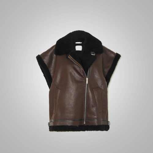 Women sDarkBrownSheepskinLeatherBlackShearlingVest