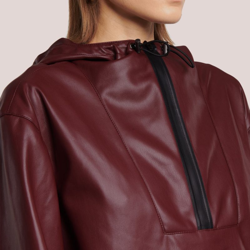 Women sHoodedRedLeatherBomberJacket