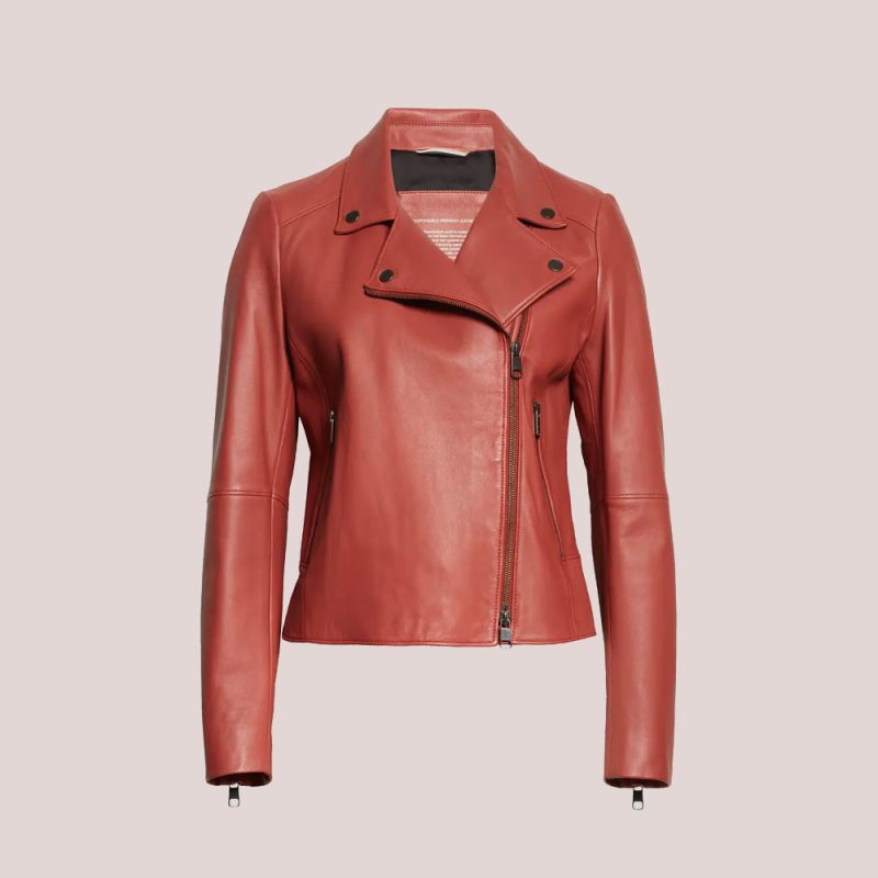 Women sPlainRedLeatherBikerJacket