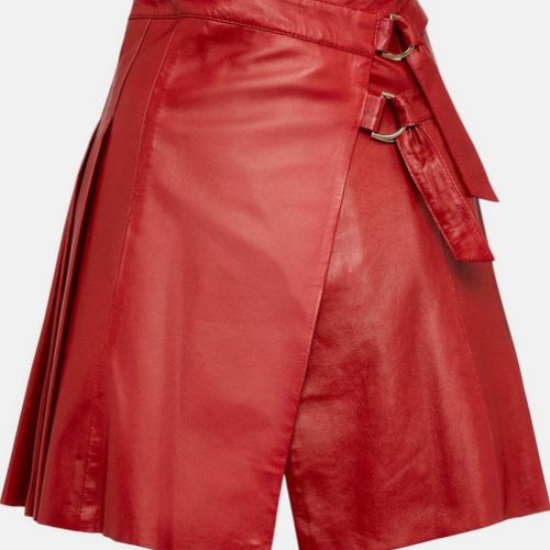 Women sRedLeatherBuckleKiltSkirt3