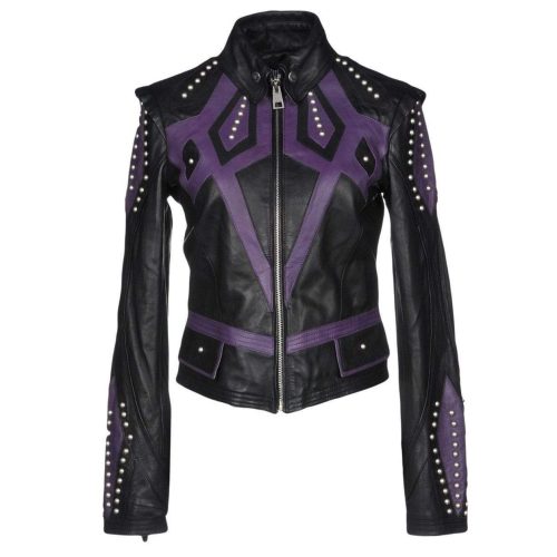 Women's Burnished Two Tone Black Purple Leather Silver Small Studs Jacket - Shearling leather