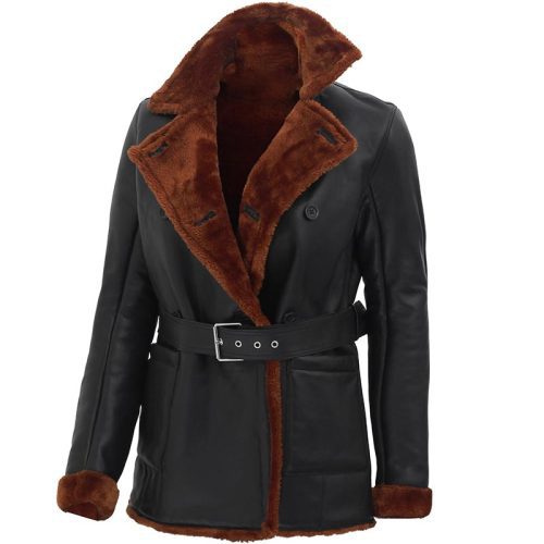 Womens black shearling winter leather jacket