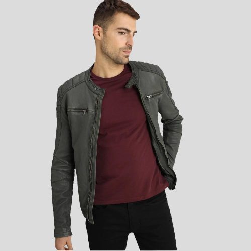 Buck Grey Biker Genuine Leather Jacket - Shearling leather