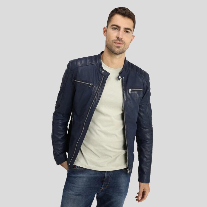 Olin Blue Biker Leather Jacket - Shearling leather