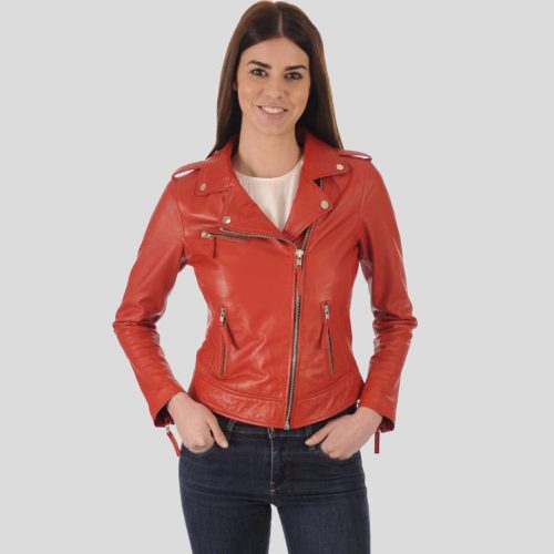 Callie Red Biker Leather Jacket - Shearling leather