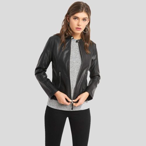 Cora Black Biker Leather Jacket - Shearling leather