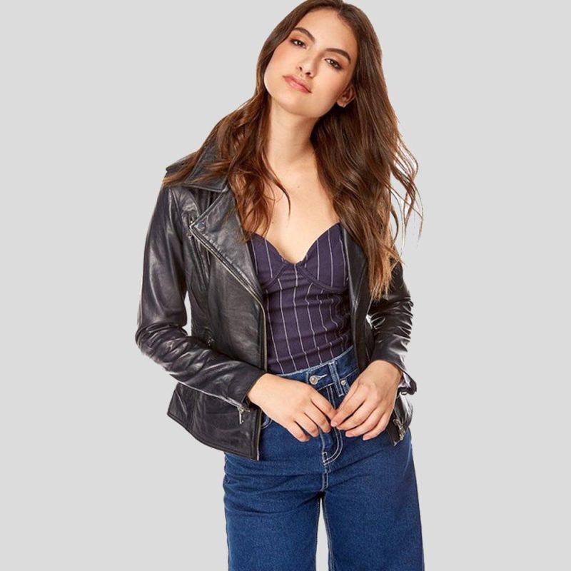 Mya Black Biker Leather Jacket - Shearling leather