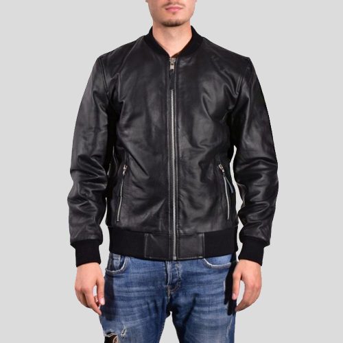 Bran Black Bomber Leather Jacket - Shearling leather