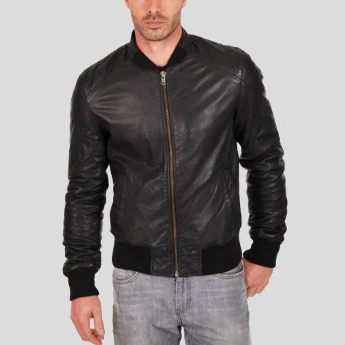 Jero Black Bomber Lambskin Leather Jacket - Shearling leather